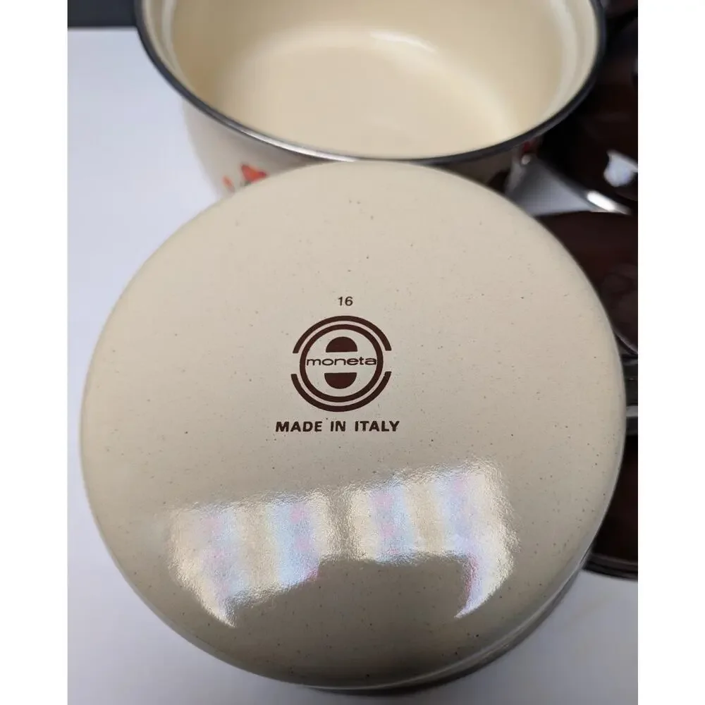 Vtg 70s Moneta Enamelware Pot Pan Set w/Lids 2 Cream Orange Brown Floral 6pc NEW